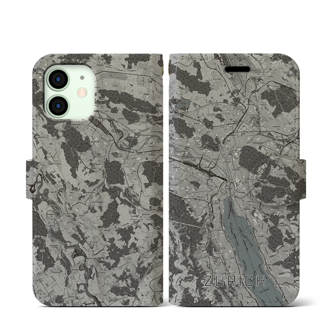 【チューリッヒ(スイス)】地図柄iPhoneケース(手帳タイプ)モノトーン・iPhone 12 mini 用
