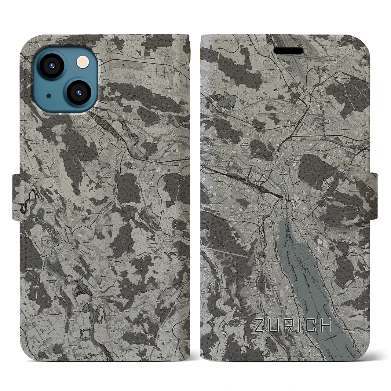 【チューリッヒ(スイス)】地図柄iPhoneケース(手帳タイプ)モノトーン・iPhone 13 用