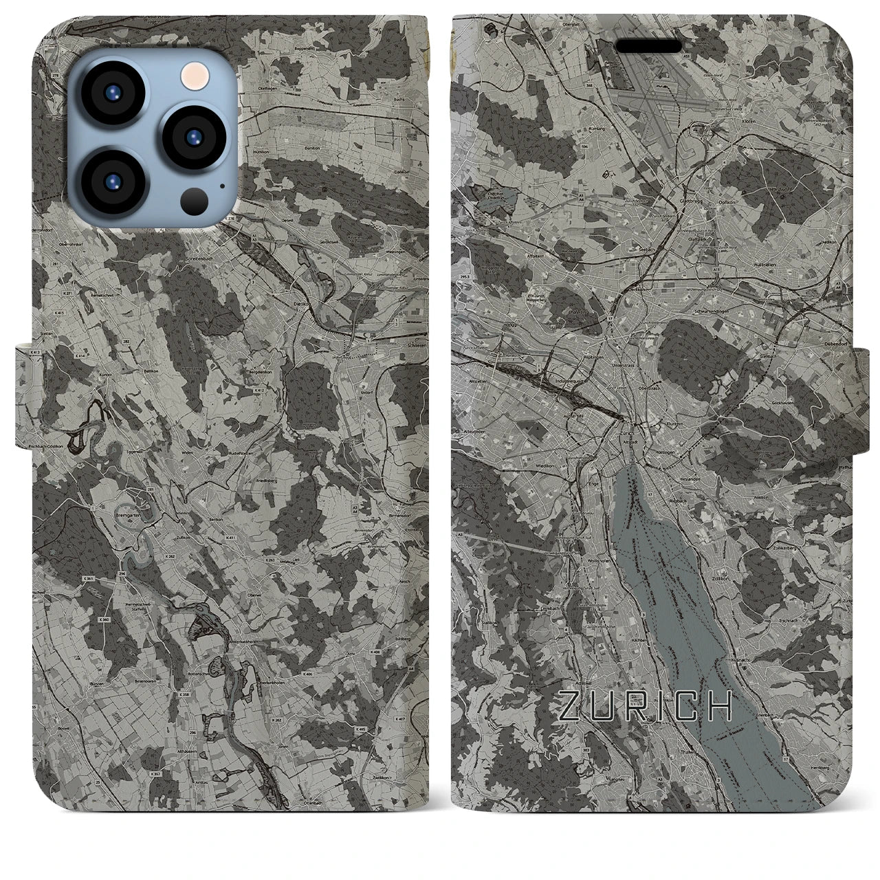 【チューリッヒ(スイス)】地図柄iPhoneケース(手帳タイプ)モノトーン・iPhone 13 Pro Max 用