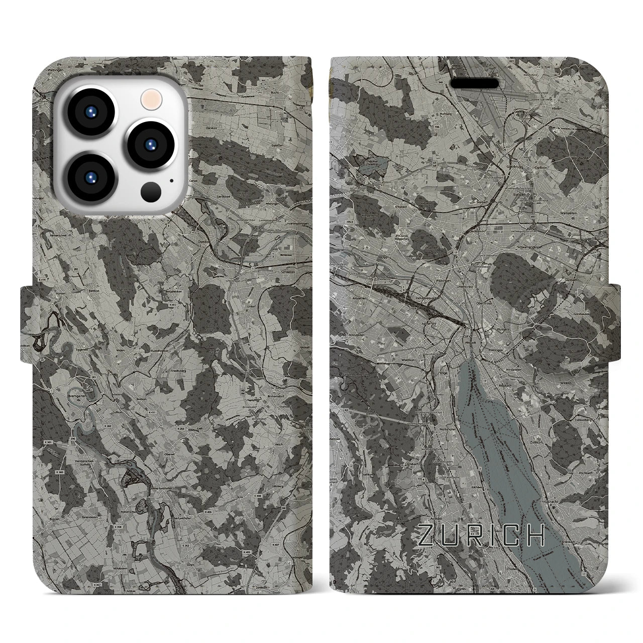 【チューリッヒ(スイス)】地図柄iPhoneケース(手帳タイプ)モノトーン・iPhone 13 Pro 用