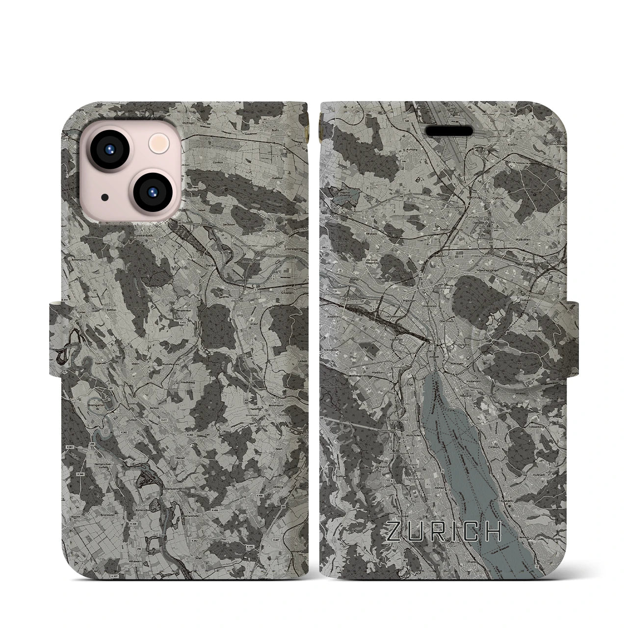 【チューリッヒ(スイス)】地図柄iPhoneケース(手帳タイプ)モノトーン・iPhone 13 mini 用