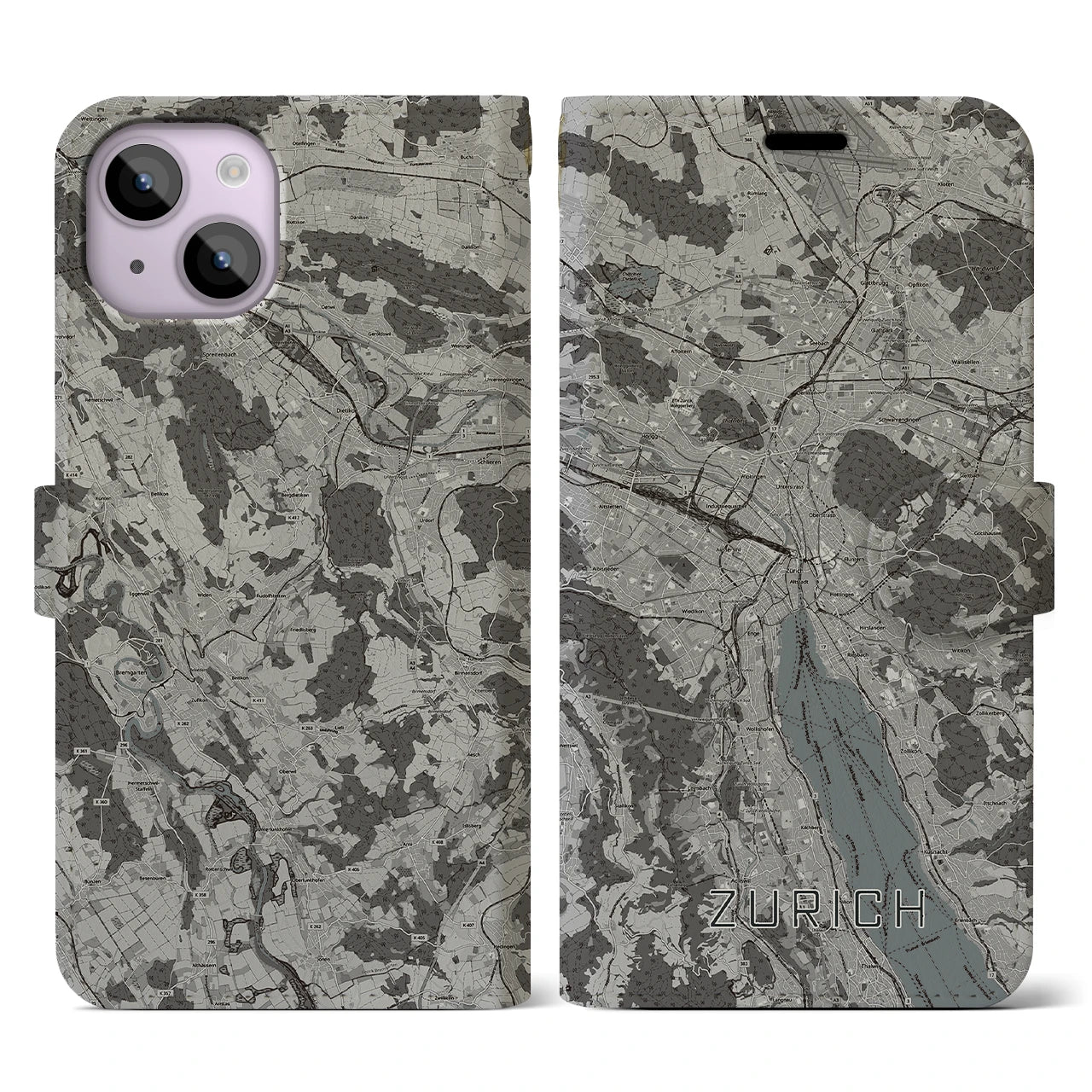 【チューリッヒ(スイス)】地図柄iPhoneケース(手帳タイプ)モノトーン・iPhone 14 用