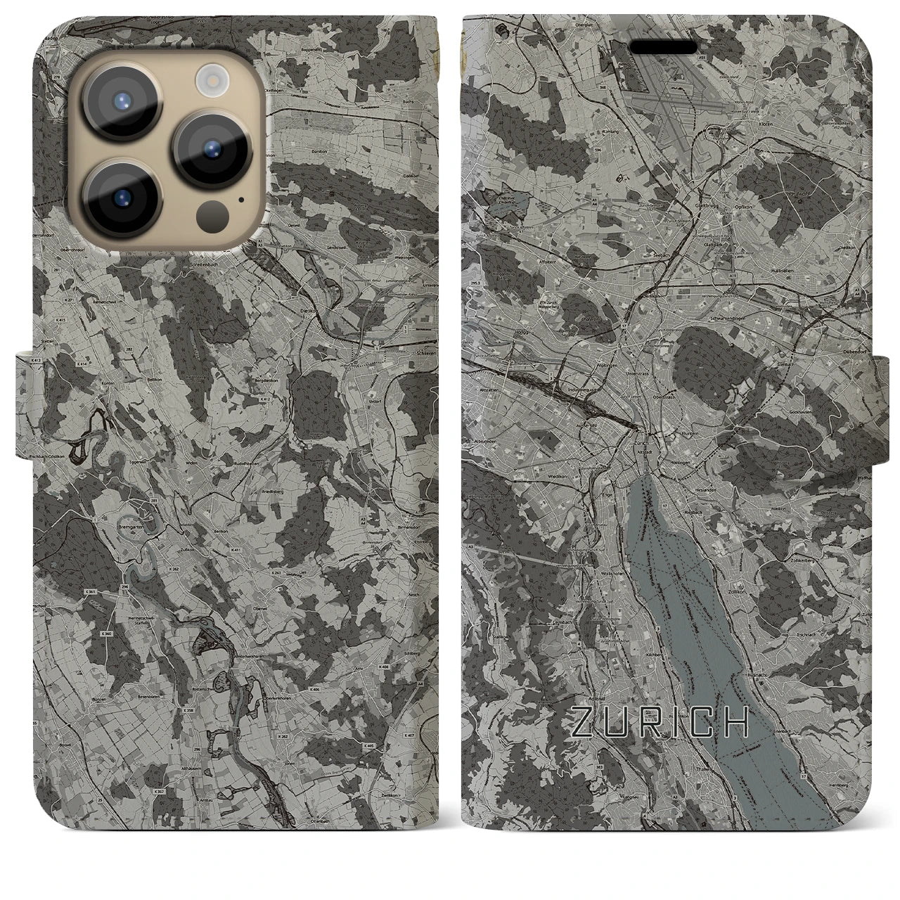 【チューリッヒ(スイス)】地図柄iPhoneケース(手帳タイプ)モノトーン・iPhone 14 Pro Max 用