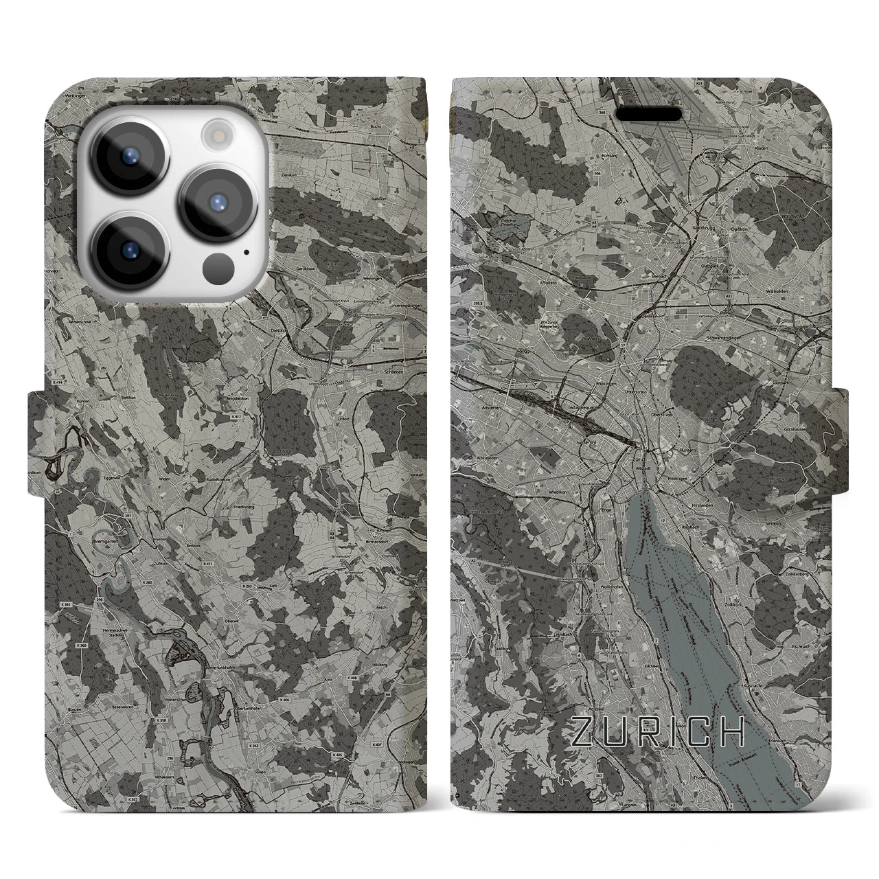 【チューリッヒ(スイス)】地図柄iPhoneケース(手帳タイプ)モノトーン・iPhone 14 Pro 用