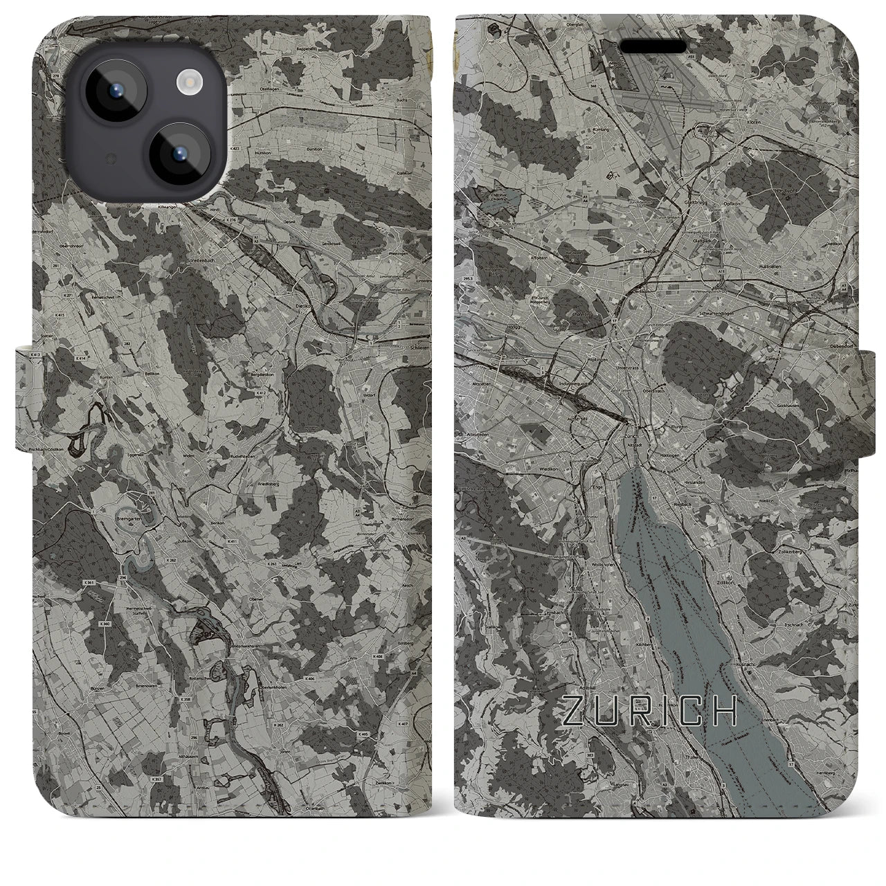 【チューリッヒ(スイス)】地図柄iPhoneケース(手帳タイプ)モノトーン・iPhone 14 Plus 用