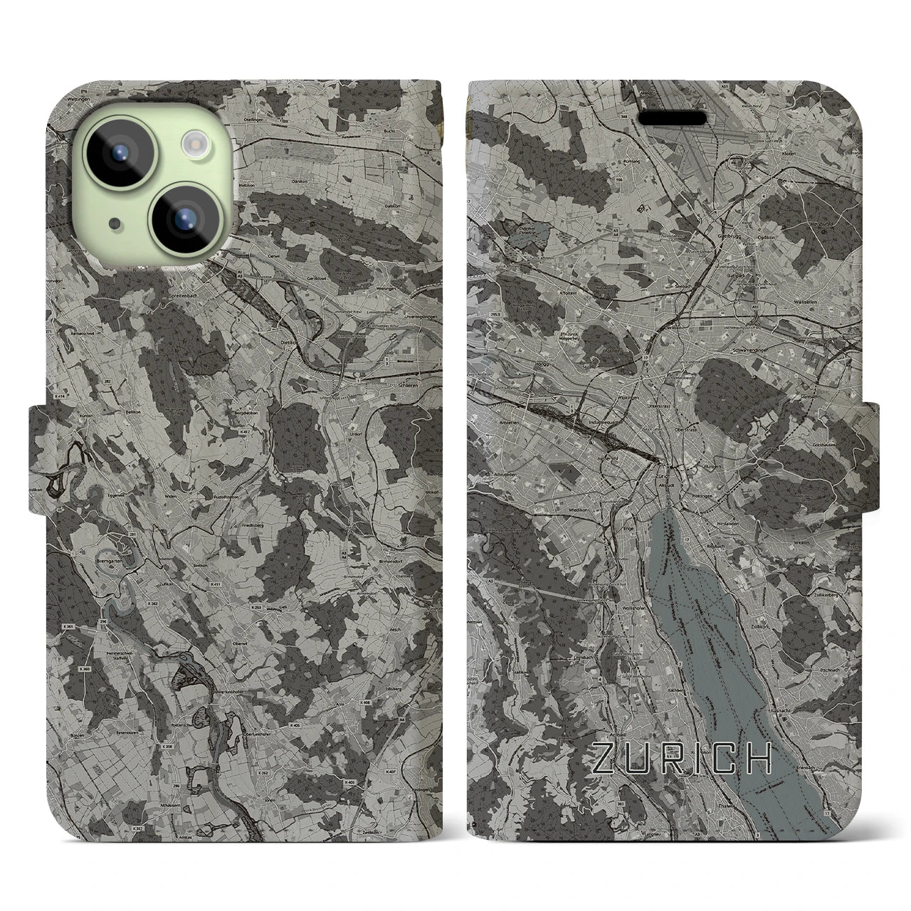 【チューリッヒ(スイス)】地図柄iPhoneケース(手帳タイプ)モノトーン・iPhone 15 用