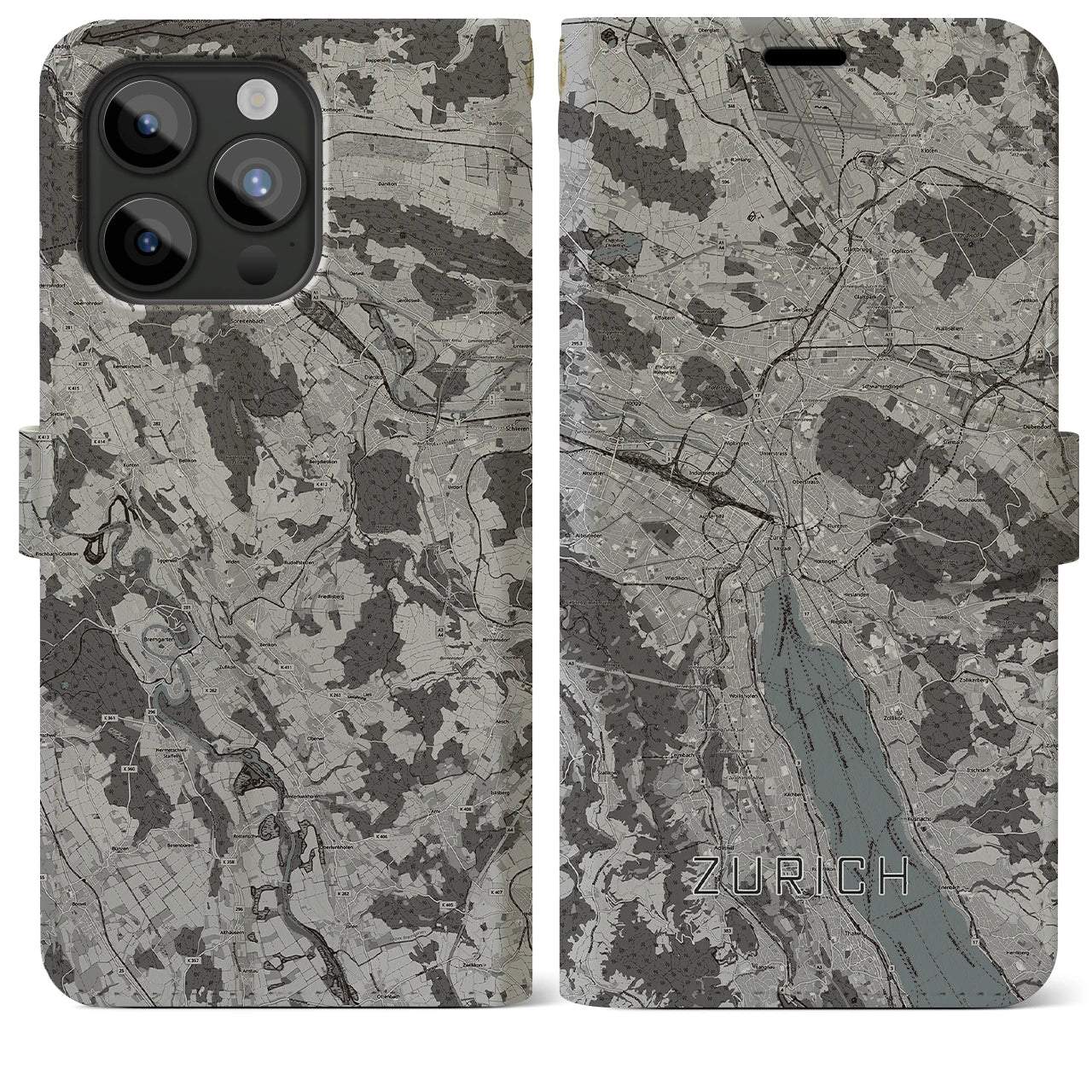 【チューリッヒ(スイス)】地図柄iPhoneケース(手帳タイプ)モノトーン・iPhone 15 Pro Max 用