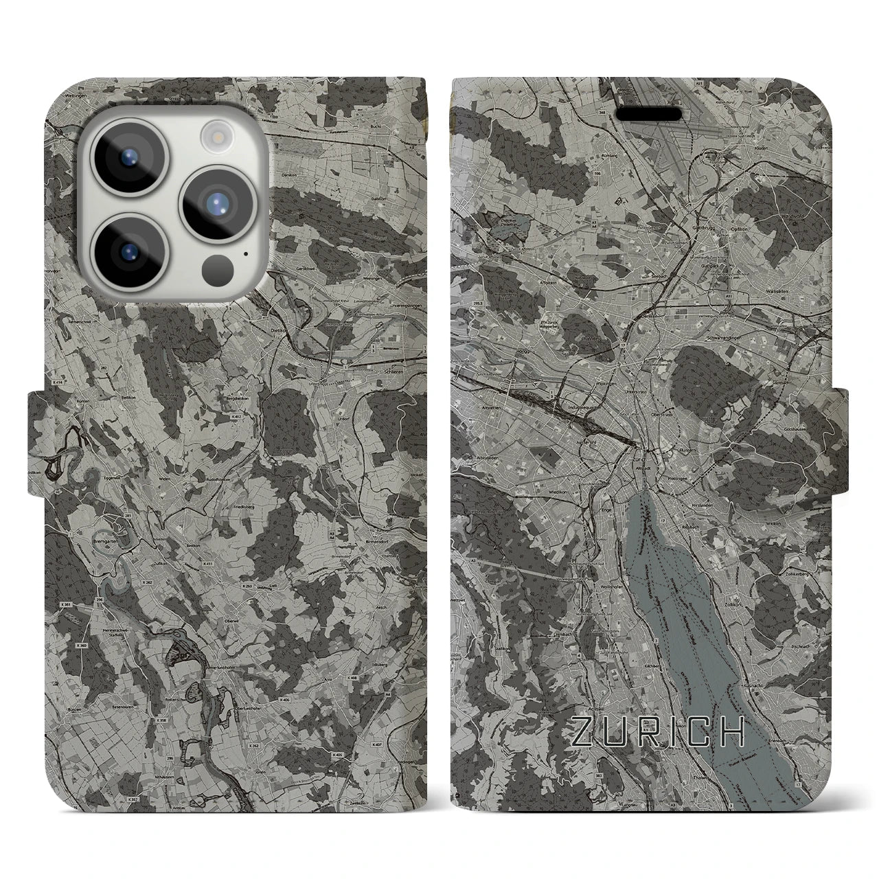 【チューリッヒ(スイス)】地図柄iPhoneケース(手帳タイプ)モノトーン・iPhone 15 Pro 用