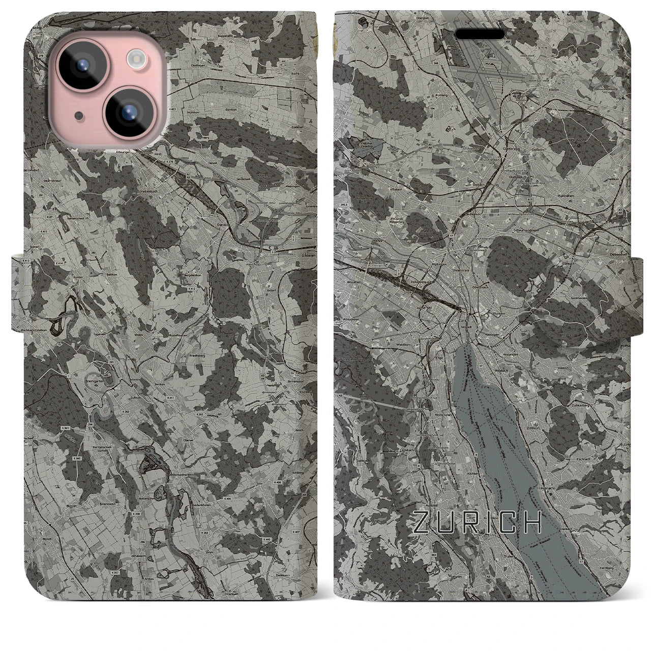 【チューリッヒ(スイス)】地図柄iPhoneケース(手帳タイプ)モノトーン・iPhone 15 Plus 用