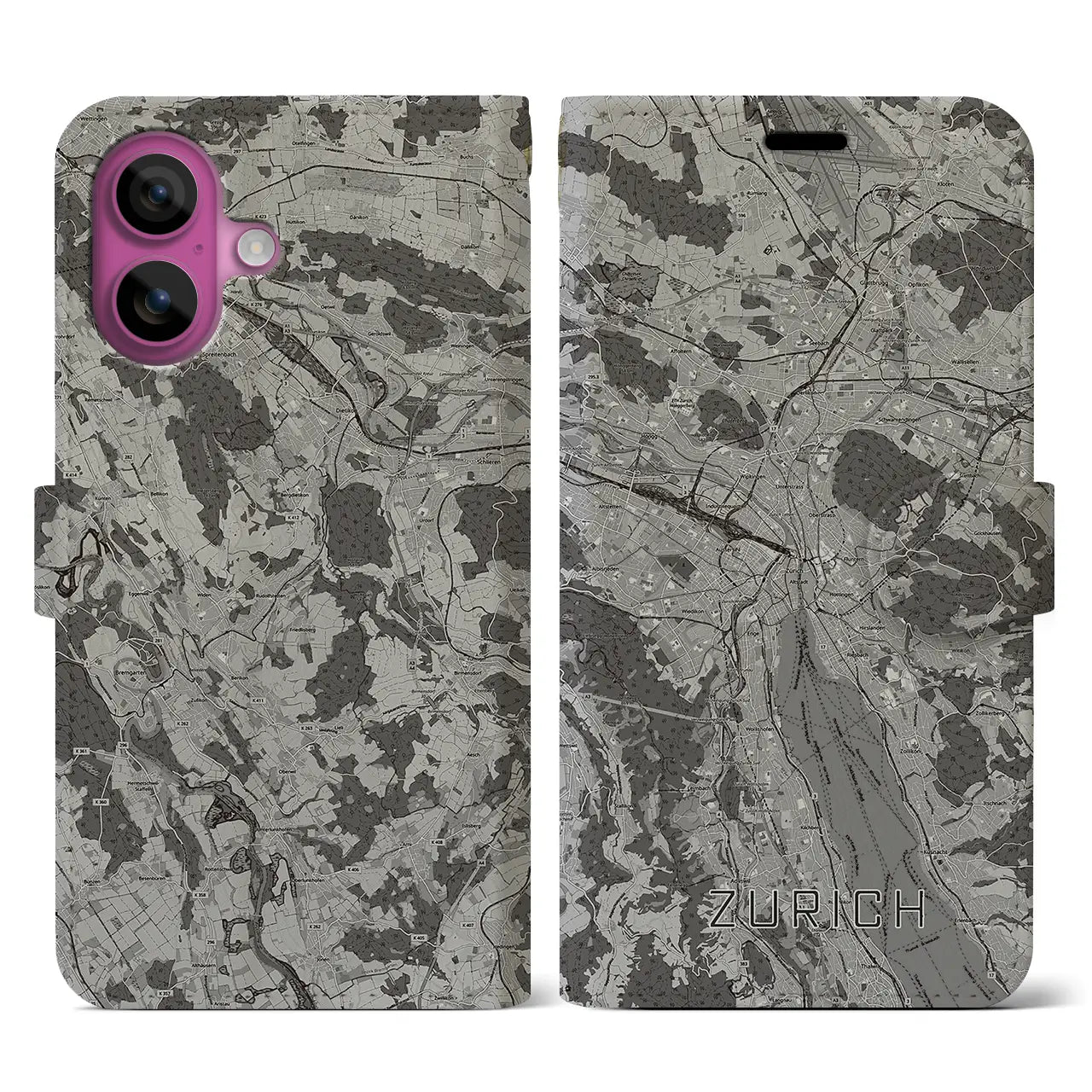 【チューリッヒ(スイス)】地図柄iPhoneケース(手帳タイプ)モノトーン・iPhone 16 Pro 用