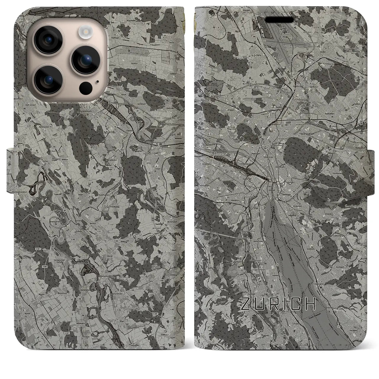 【チューリッヒ(スイス)】地図柄iPhoneケース(手帳タイプ)モノトーン・iPhone 16 Plus 用