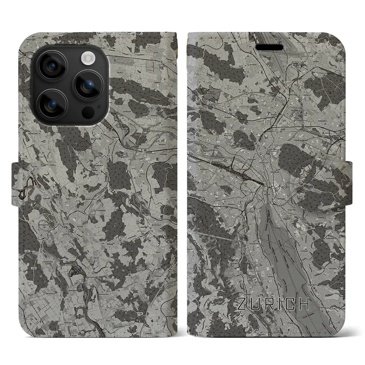 【チューリッヒ(スイス)】地図柄iPhoneケース(手帳タイプ)モノトーン・iPhone 16 用