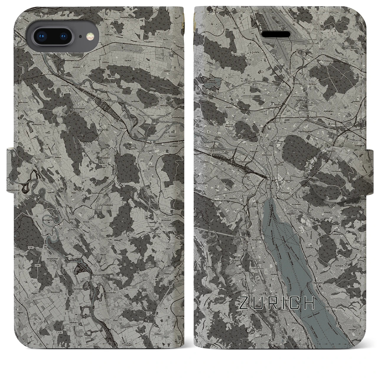【チューリッヒ(スイス)】地図柄iPhoneケース(手帳タイプ)モノトーン・iPhone 8Plus /7Plus / 6sPlus / 6Plus 用