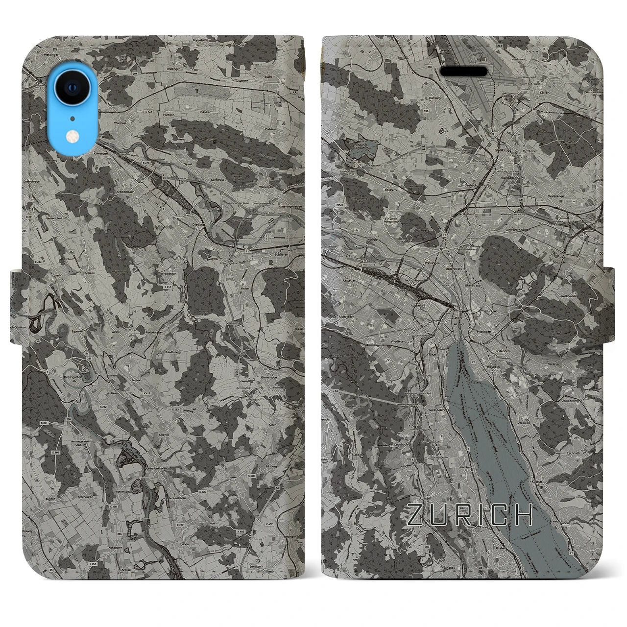 【チューリッヒ(スイス)】地図柄iPhoneケース(手帳タイプ)モノトーン・iPhone XR 用