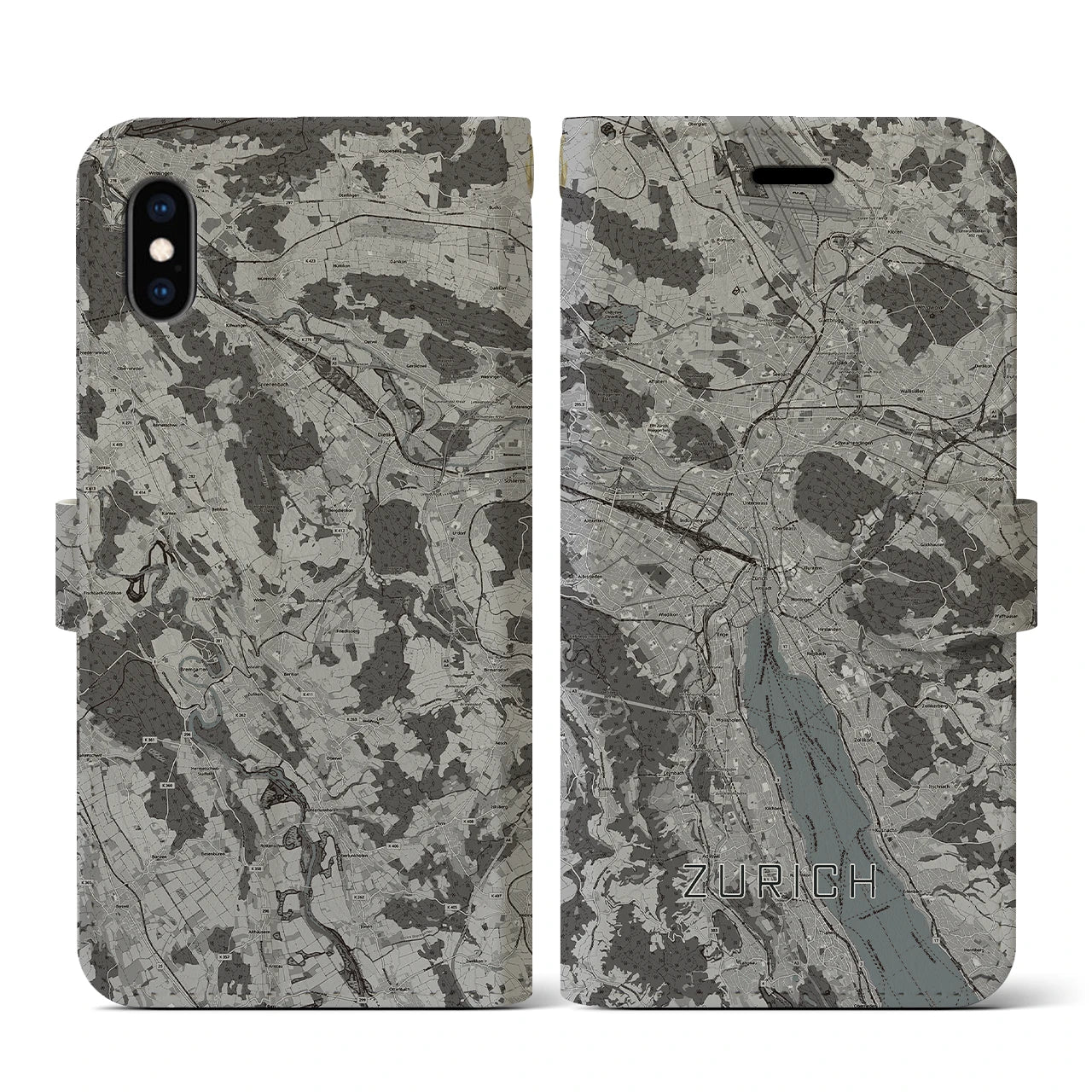 【チューリッヒ(スイス)】地図柄iPhoneケース(手帳タイプ)モノトーン・iPhone XS / X 用