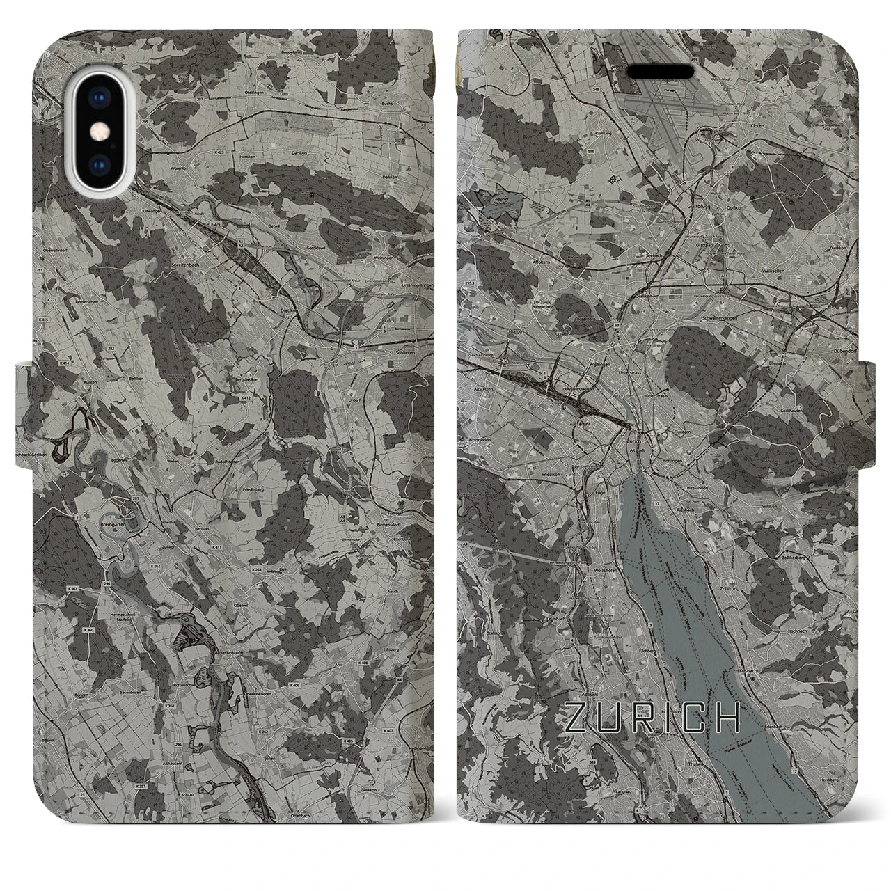 【チューリッヒ(スイス)】地図柄iPhoneケース(手帳タイプ)モノトーン・iPhone XS Max 用