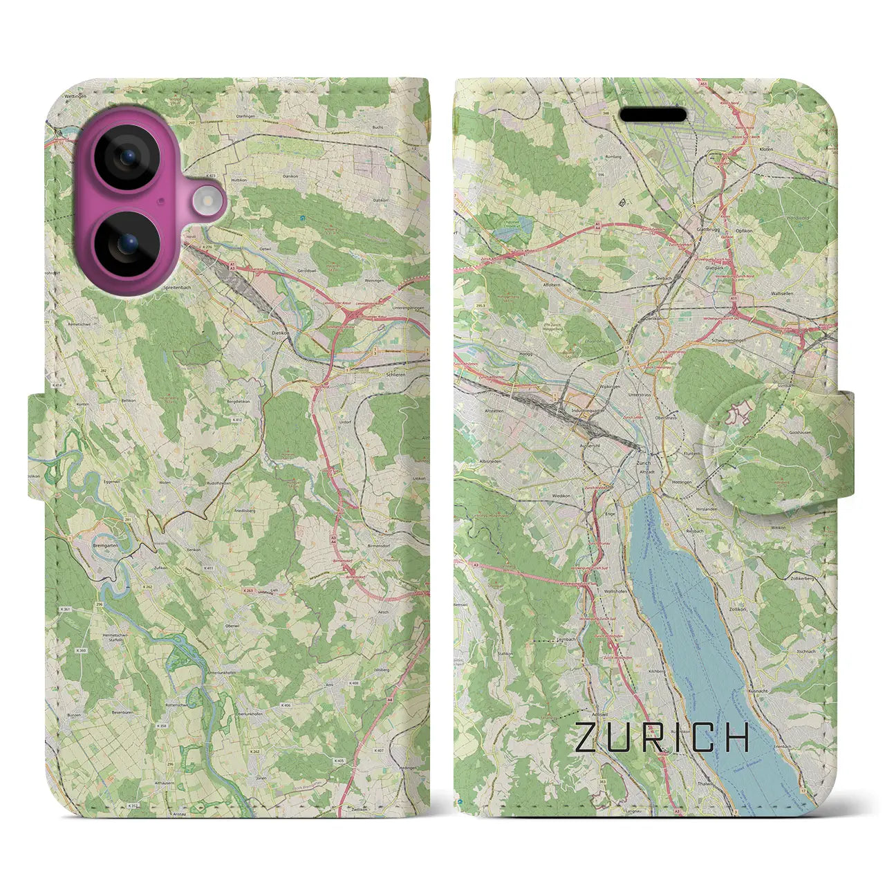 【チューリッヒ(スイス)】地図柄iPhoneケース(手帳タイプ)ナチュラル・iPhone 16 Pro 用
