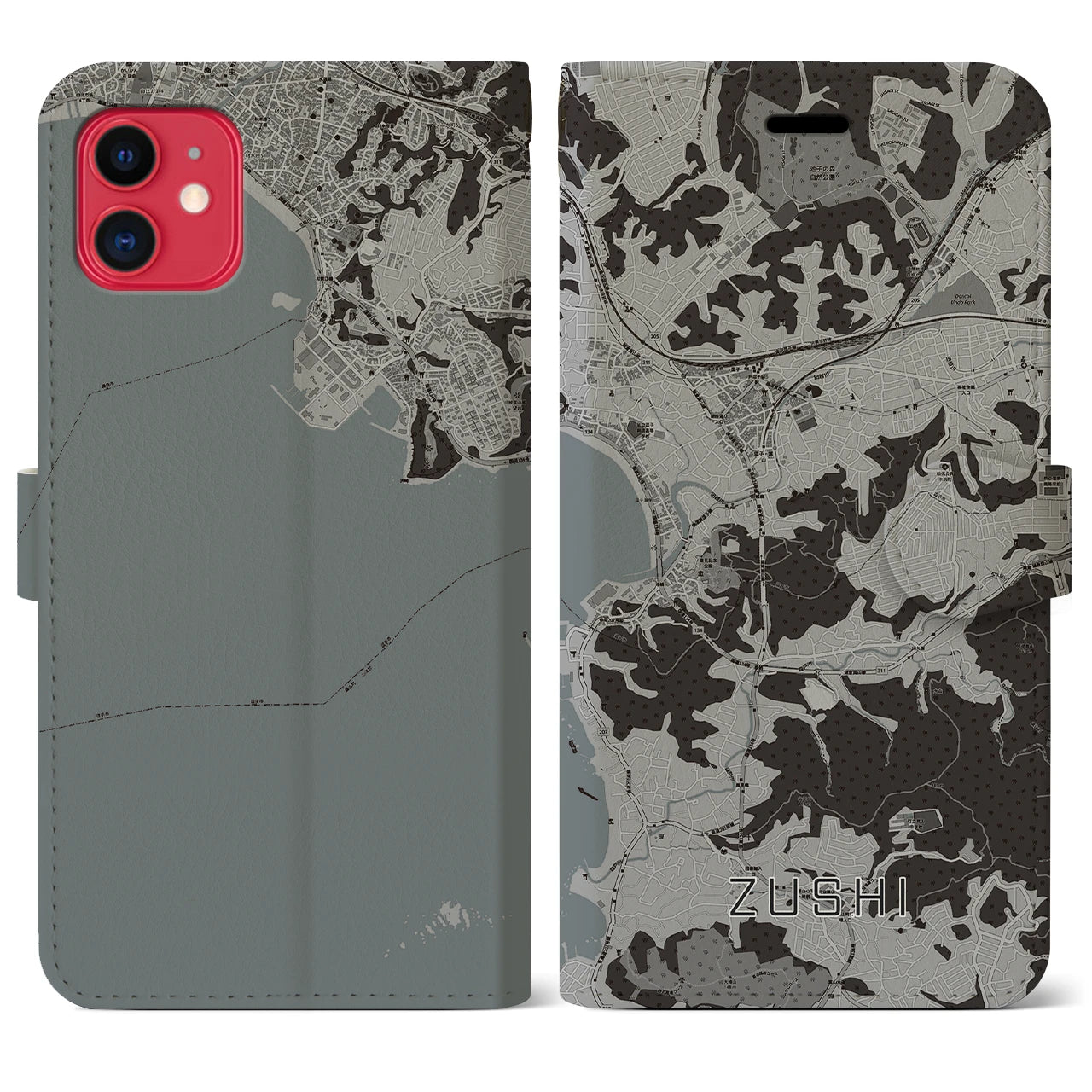 【逗子(神奈川県)】地図柄iPhoneケース(手帳タイプ)モノトーン・iPhone 11 用