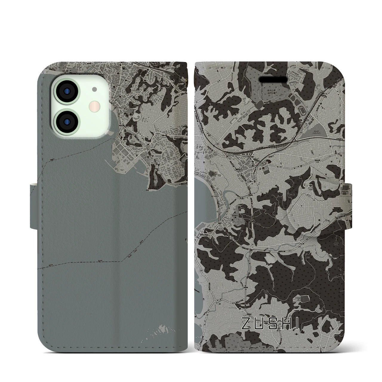 【逗子(神奈川県)】地図柄iPhoneケース(手帳タイプ)モノトーン・iPhone 12 mini 用