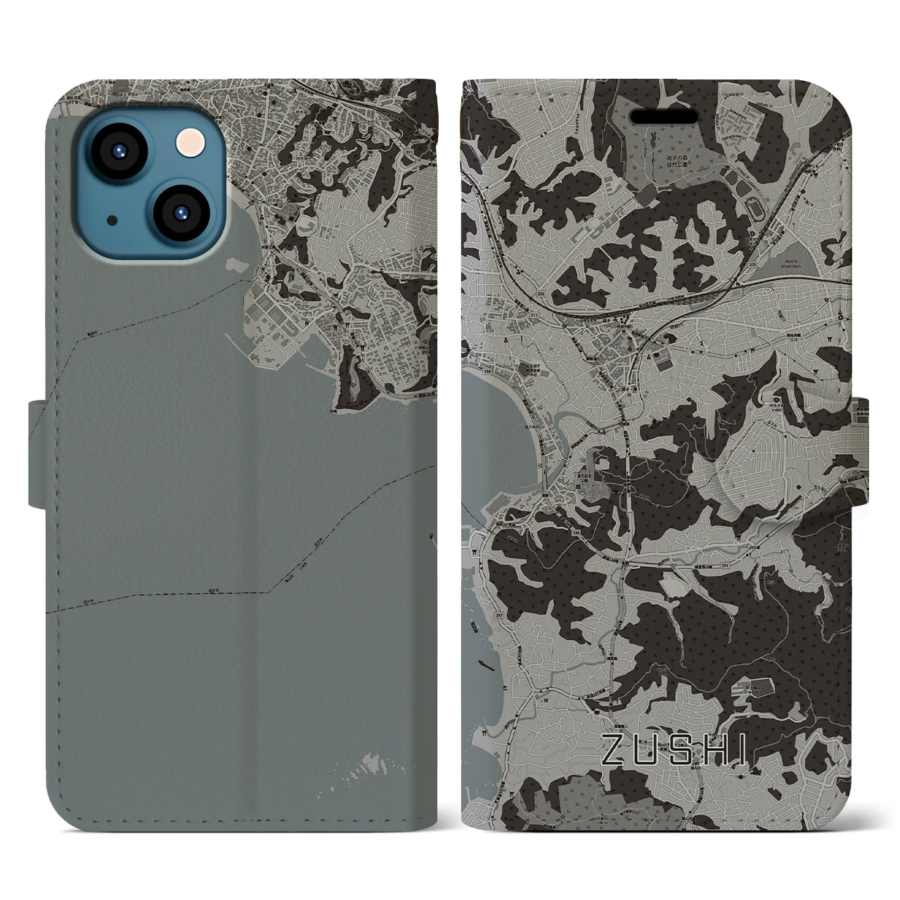 【逗子(神奈川県)】地図柄iPhoneケース(手帳タイプ)モノトーン・iPhone 13 用
