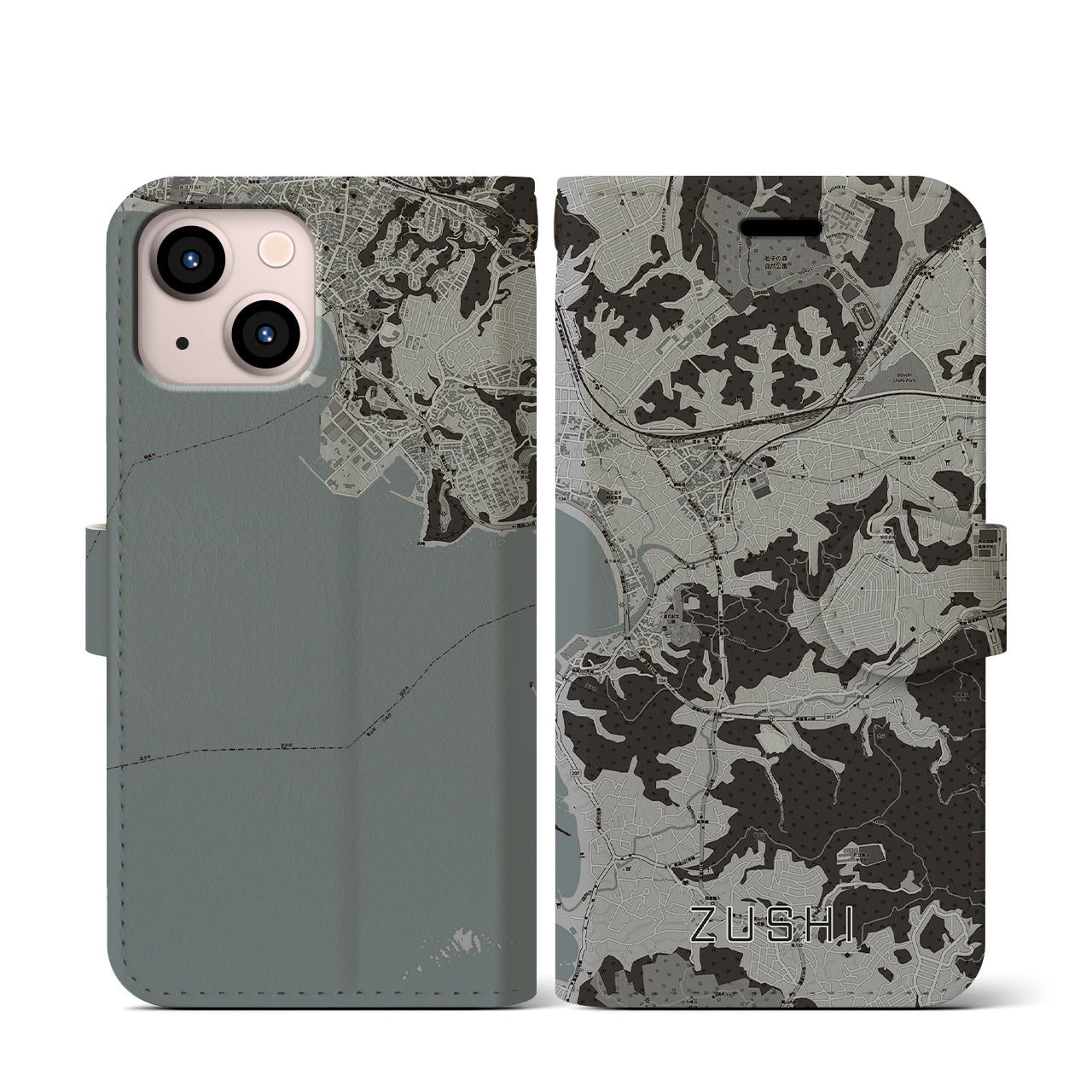 【逗子(神奈川県)】地図柄iPhoneケース(手帳タイプ)モノトーン・iPhone 13 mini 用