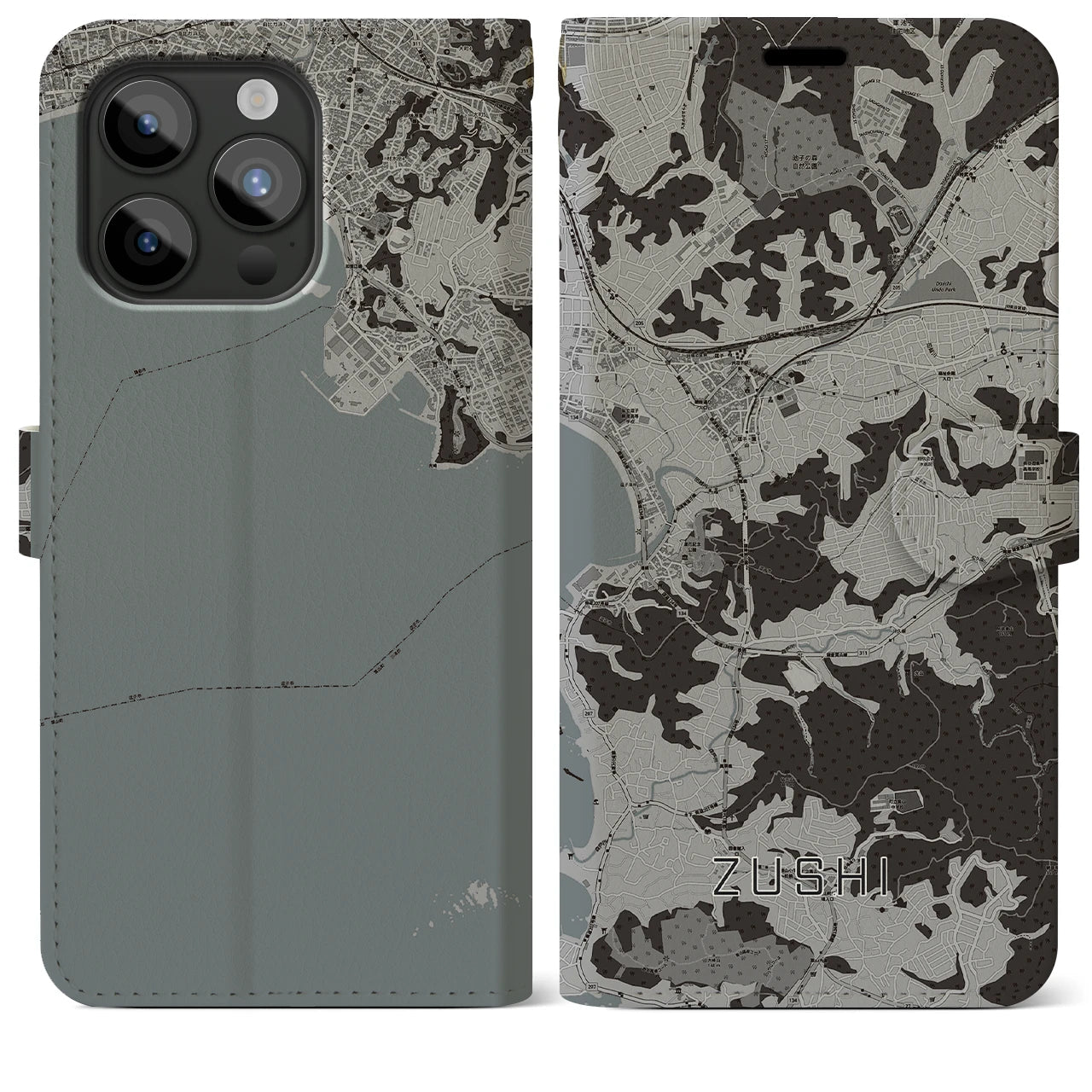 【逗子(神奈川県)】地図柄iPhoneケース(手帳タイプ)モノトーン・iPhone 15 Pro Max 用