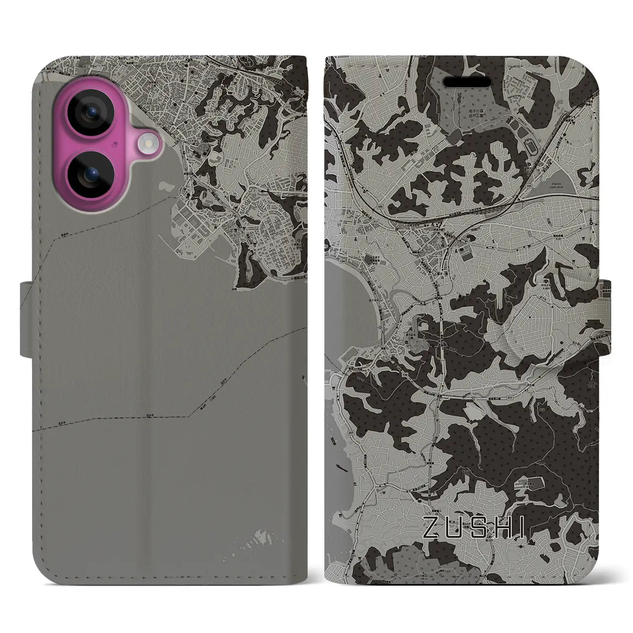 【逗子(神奈川県)】地図柄iPhoneケース(手帳タイプ)モノトーン・iPhone 16 Pro 用
