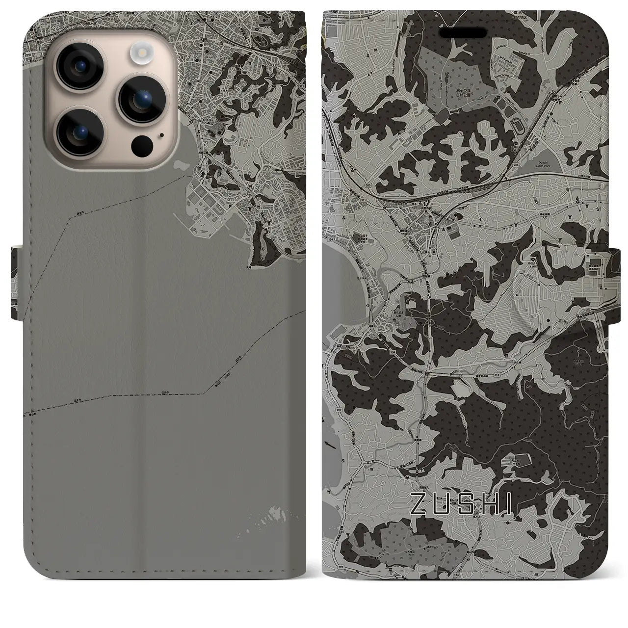 【逗子(神奈川県)】地図柄iPhoneケース(手帳タイプ)モノトーン・iPhone 16 Plus 用