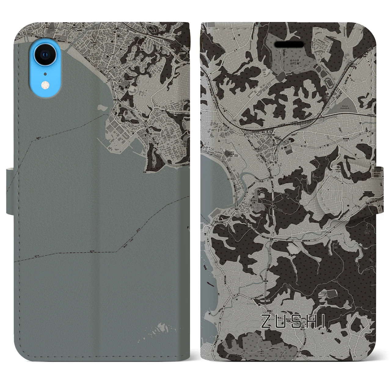 【逗子(神奈川県)】地図柄iPhoneケース(手帳タイプ)モノトーン・iPhone XR 用