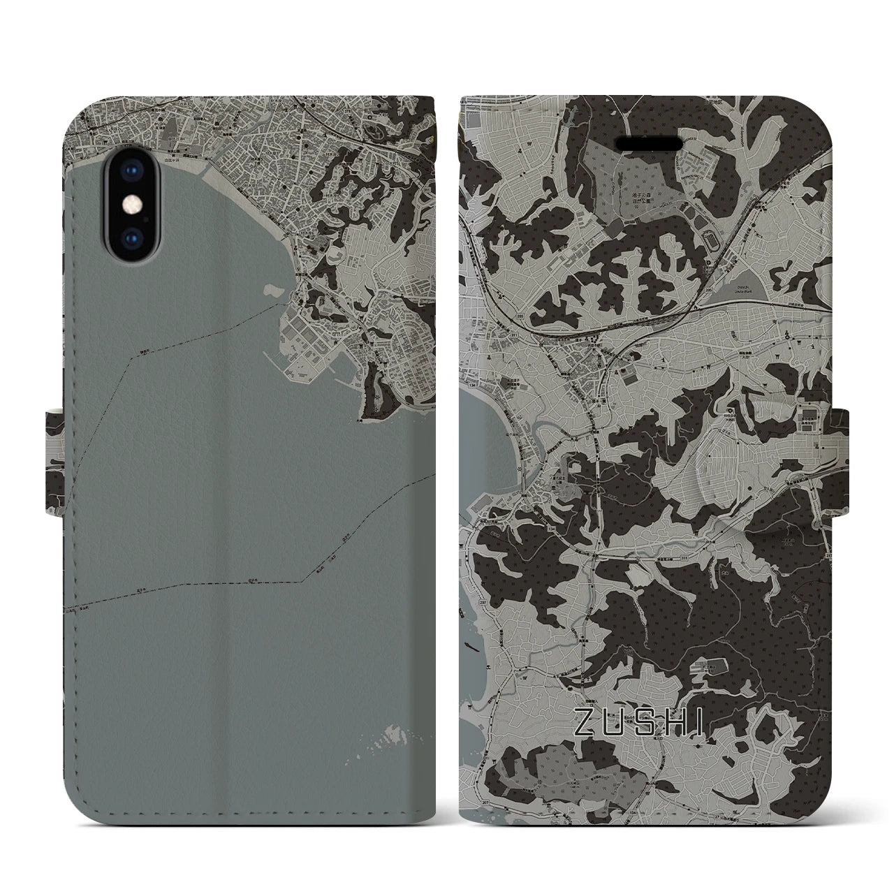 【逗子(神奈川県)】地図柄iPhoneケース(手帳タイプ)モノトーン・iPhone XS / X 用