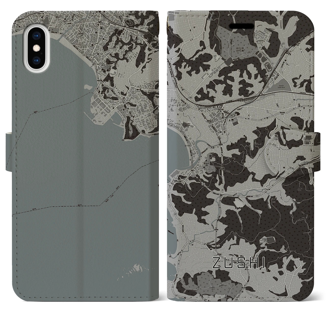 【逗子(神奈川県)】地図柄iPhoneケース(手帳タイプ)モノトーン・iPhone XS Max 用