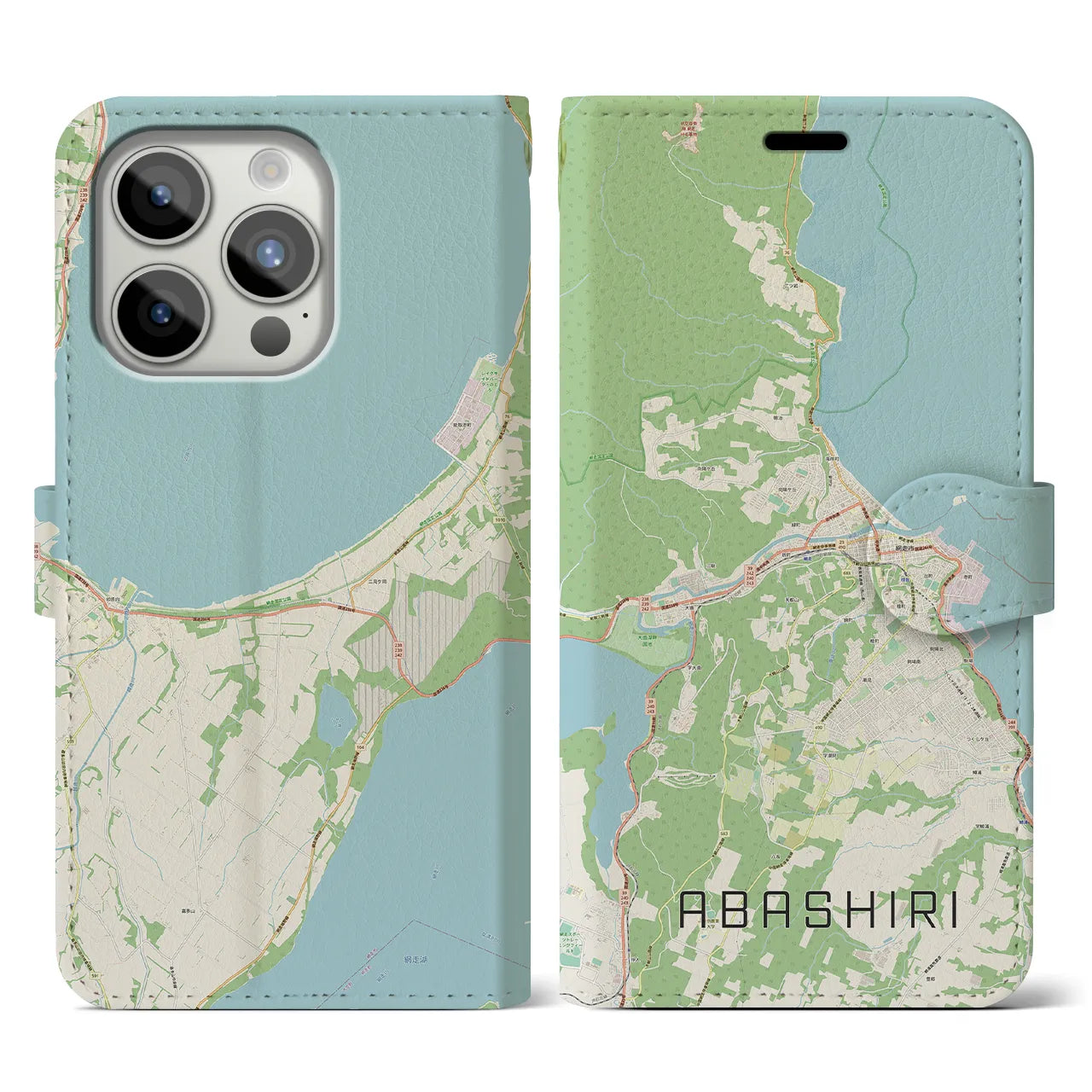 【網走(北海道)】地図柄iPhoneケース(手帳タイプ)ナチュラル・iPhone 15 Pro 用