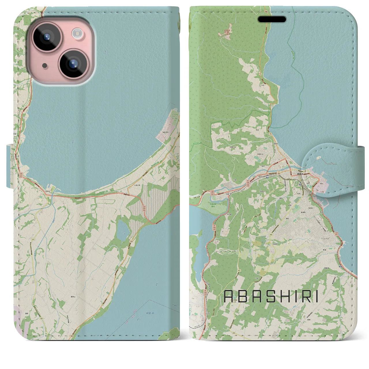 【網走(北海道)】地図柄iPhoneケース(手帳タイプ)ナチュラル・iPhone 15 Plus 用