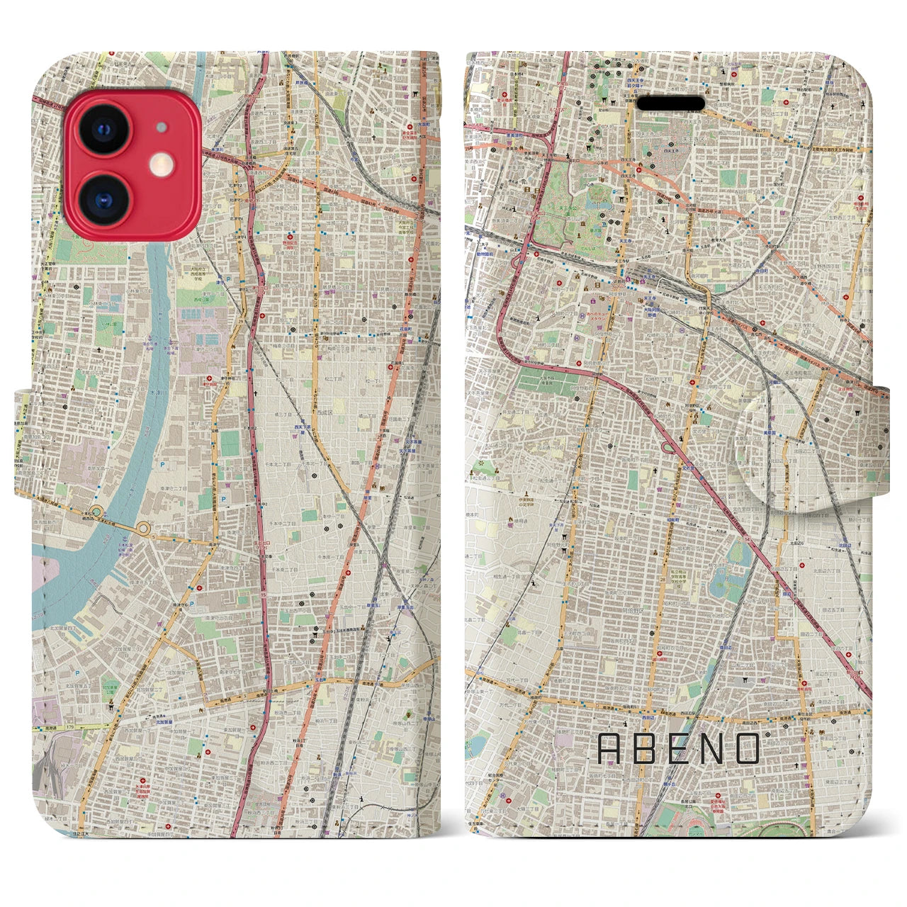 【阿倍野(大阪府)】地図柄iPhoneケース(手帳タイプ)ナチュラル・iPhone 11 用