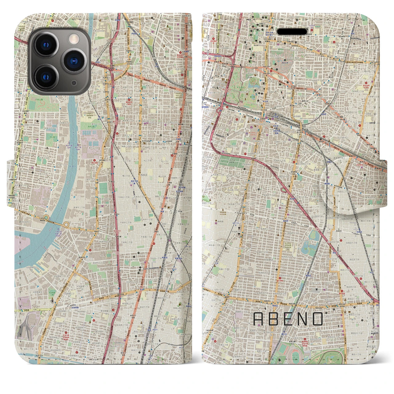 【阿倍野(大阪府)】地図柄iPhoneケース(手帳タイプ)ナチュラル・iPhone 11 Pro Max 用