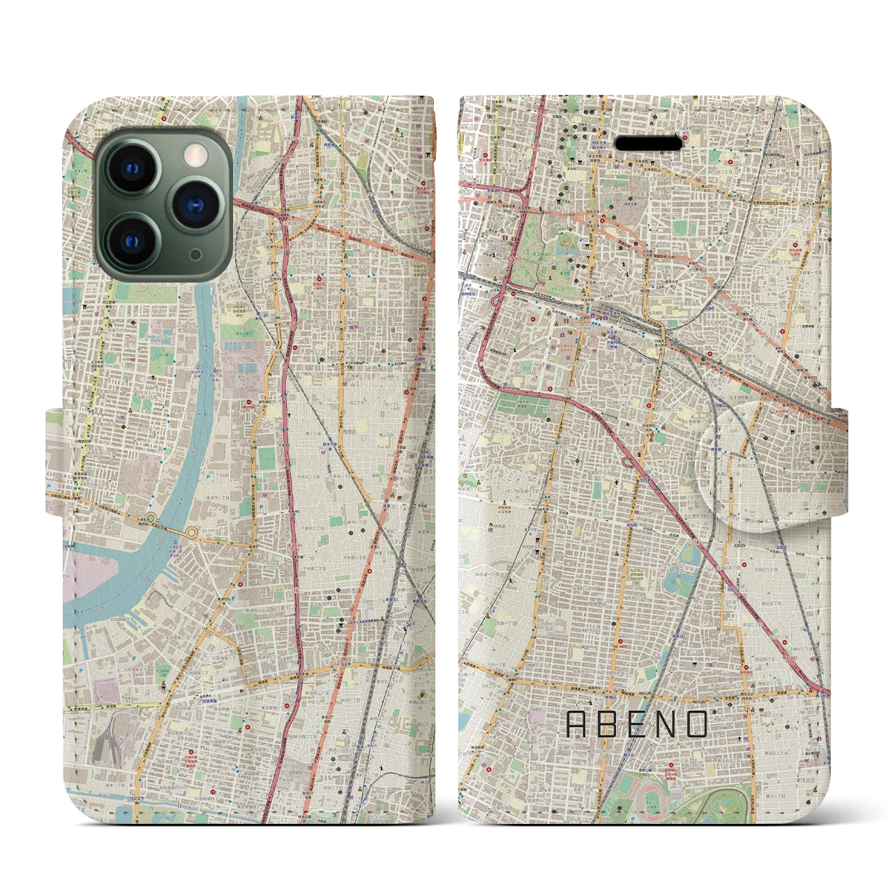 【阿倍野(大阪府)】地図柄iPhoneケース(手帳タイプ)ナチュラル・iPhone 11 Pro 用