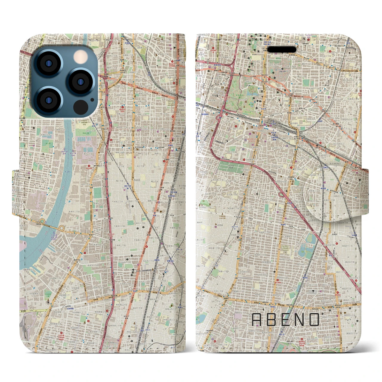 【阿倍野(大阪府)】地図柄iPhoneケース(手帳タイプ)ナチュラル・iPhone 12 / 12 Pro 用
