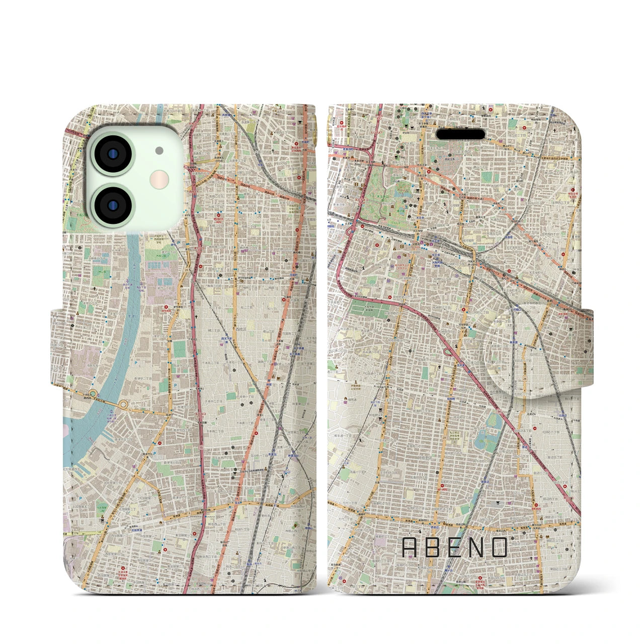 【阿倍野(大阪府)】地図柄iPhoneケース(手帳タイプ)ナチュラル・iPhone 12 mini 用
