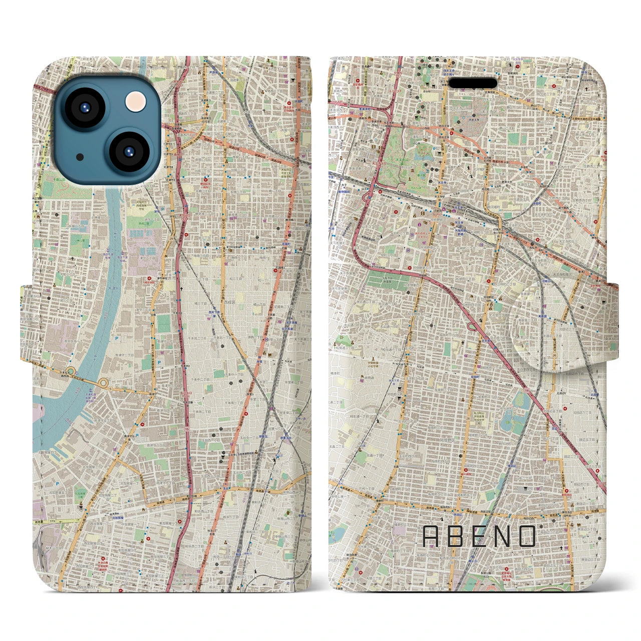 【阿倍野(大阪府)】地図柄iPhoneケース(手帳タイプ)ナチュラル・iPhone 13 用
