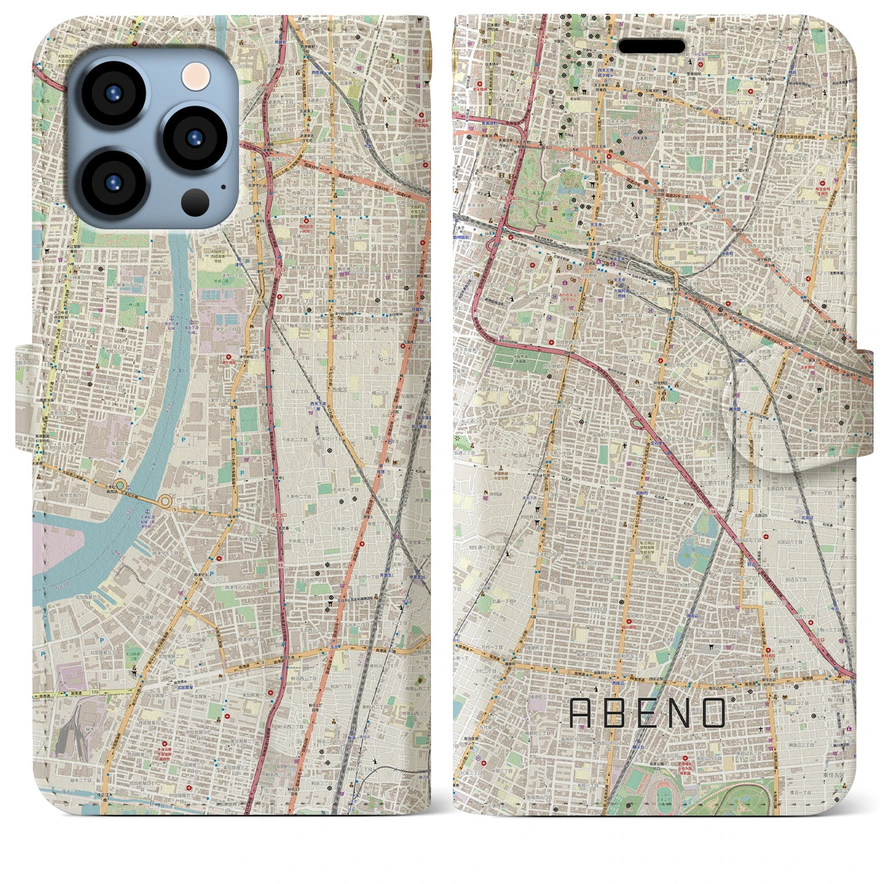 【阿倍野(大阪府)】地図柄iPhoneケース(手帳タイプ)ナチュラル・iPhone 13 Pro Max 用