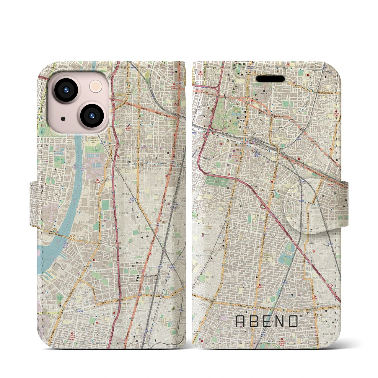 【阿倍野(大阪府)】地図柄iPhoneケース(手帳タイプ)ナチュラル・iPhone 13 mini 用