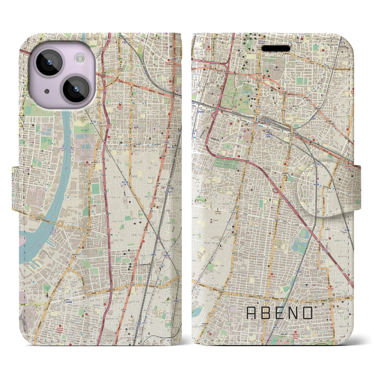 【阿倍野(大阪府)】地図柄iPhoneケース(手帳タイプ)ナチュラル・iPhone 14 用