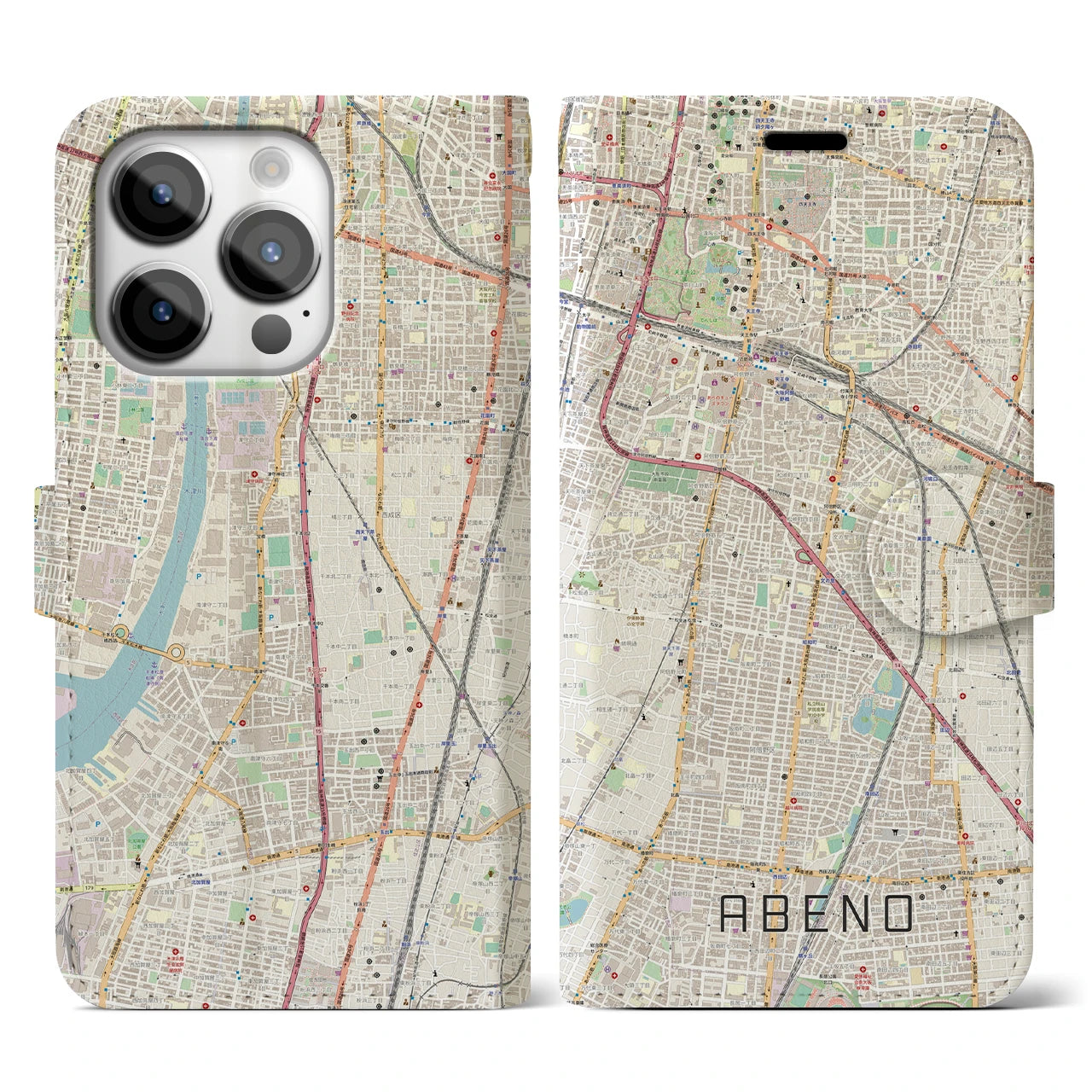 【阿倍野(大阪府)】地図柄iPhoneケース(手帳タイプ)ナチュラル・iPhone 14 Pro 用