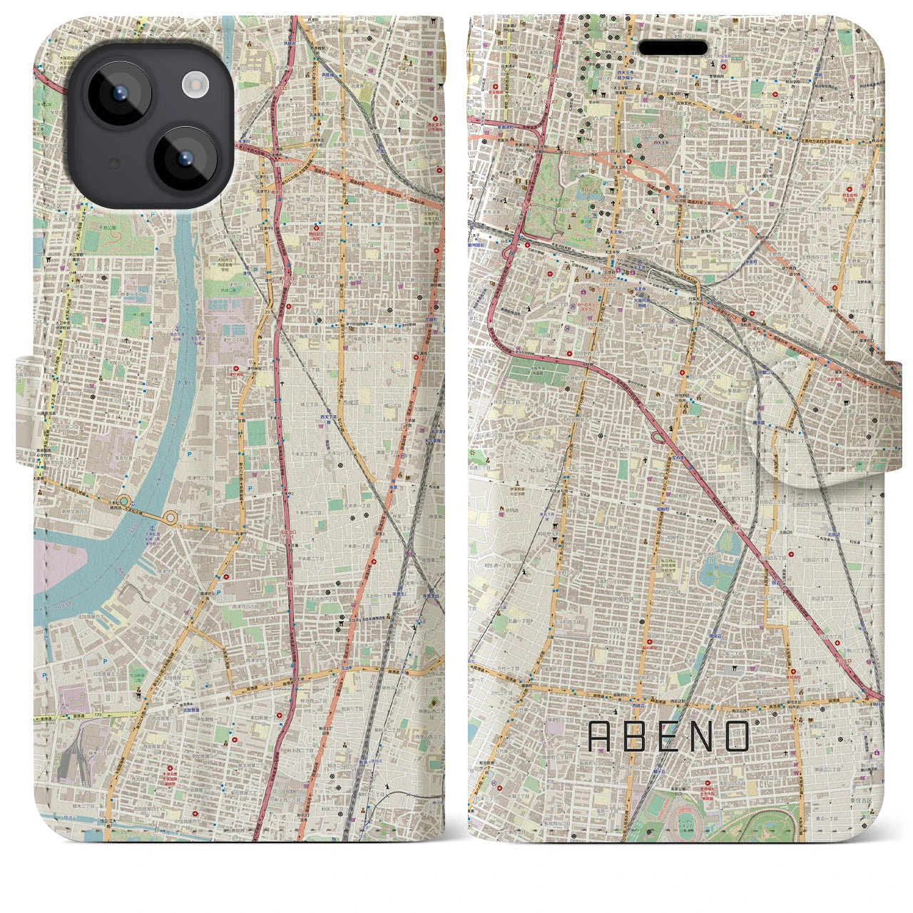 【阿倍野(大阪府)】地図柄iPhoneケース(手帳タイプ)ナチュラル・iPhone 14 Plus 用