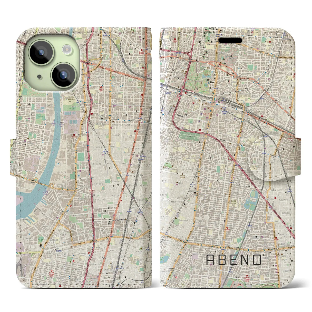 【阿倍野(大阪府)】地図柄iPhoneケース(手帳タイプ)ナチュラル・iPhone 15 用