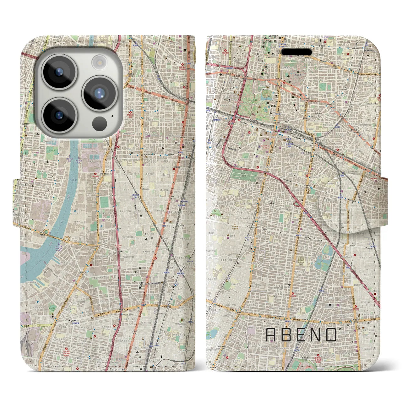 【阿倍野(大阪府)】地図柄iPhoneケース(手帳タイプ)ナチュラル・iPhone 15 Pro 用