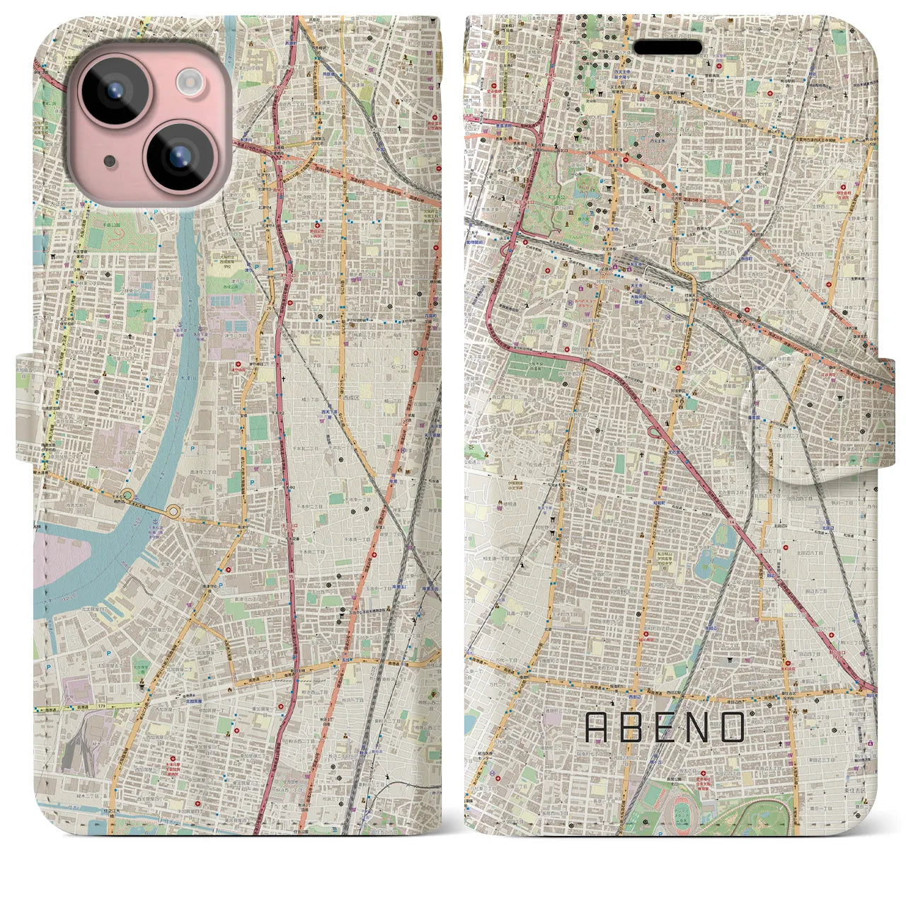 【阿倍野(大阪府)】地図柄iPhoneケース(手帳タイプ)ナチュラル・iPhone 15 Plus 用