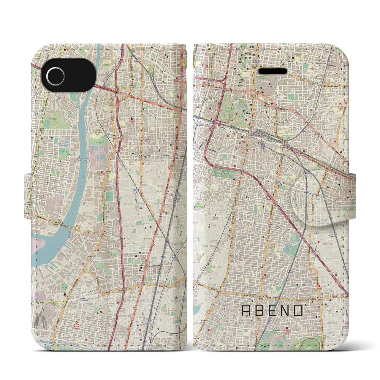 【阿倍野(大阪府)】地図柄iPhoneケース(手帳タイプ)ナチュラル・iPhone SE(第3 / 第2世代) / 8 / 7 / 6s / 6 用