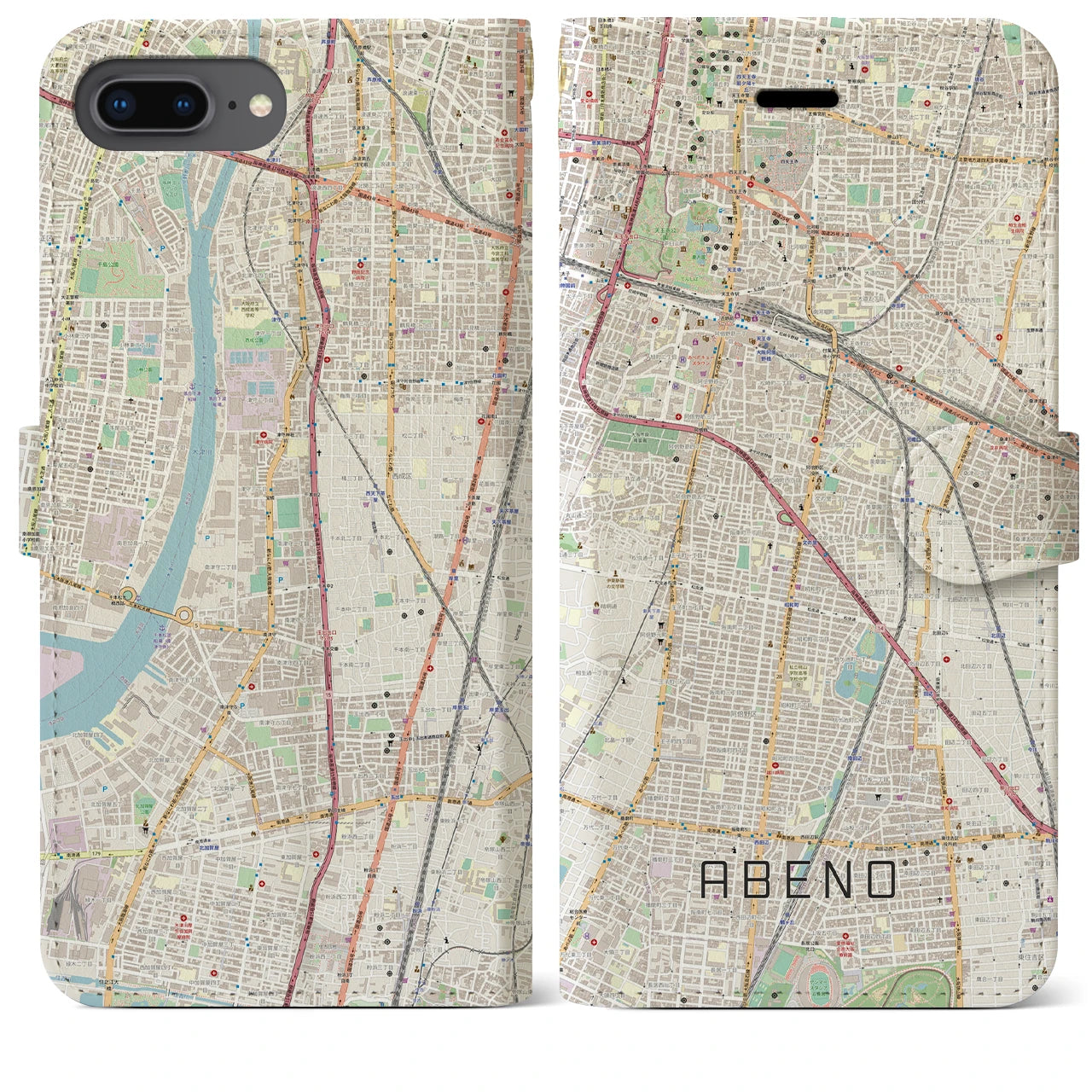 【阿倍野(大阪府)】地図柄iPhoneケース(手帳タイプ)ナチュラル・iPhone 8Plus /7Plus / 6sPlus / 6Plus 用
