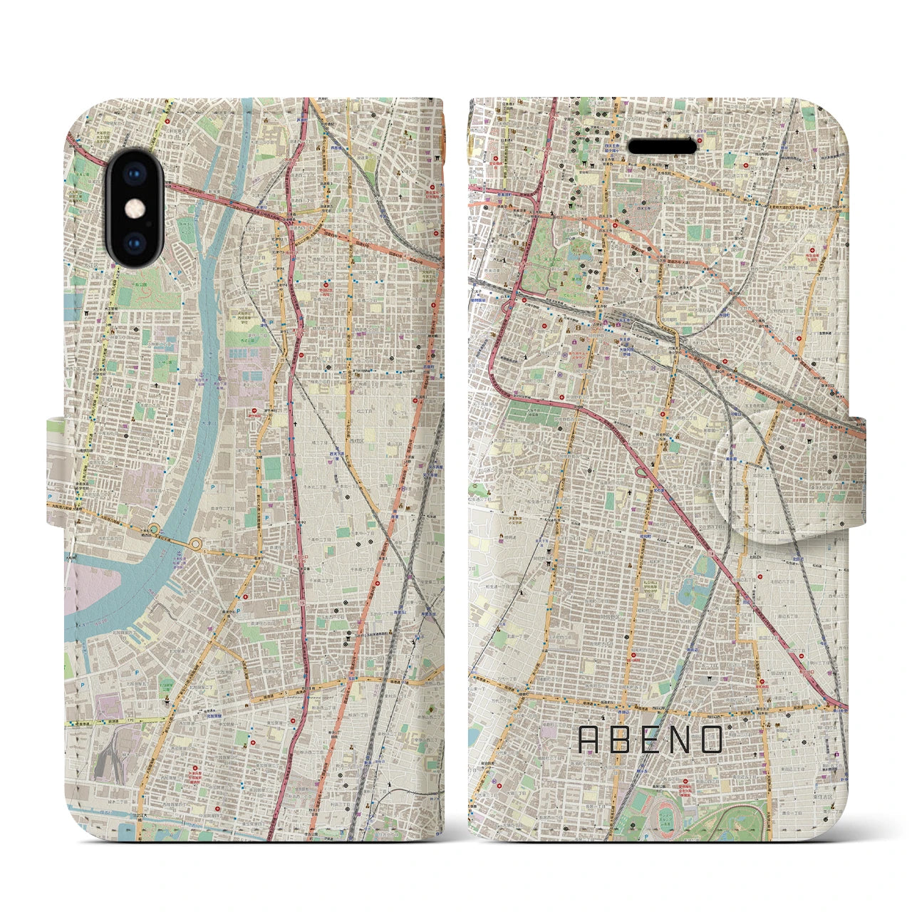 【阿倍野(大阪府)】地図柄iPhoneケース(手帳タイプ)ナチュラル・iPhone XS / X 用